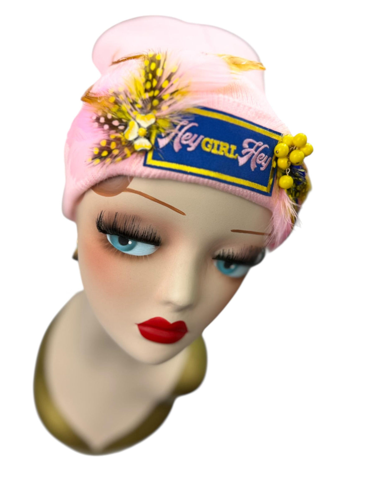 HEY Girl, HEY, Baby Pink Patchwork Vintage Jeweled & Feather Embellished Designer Beanie