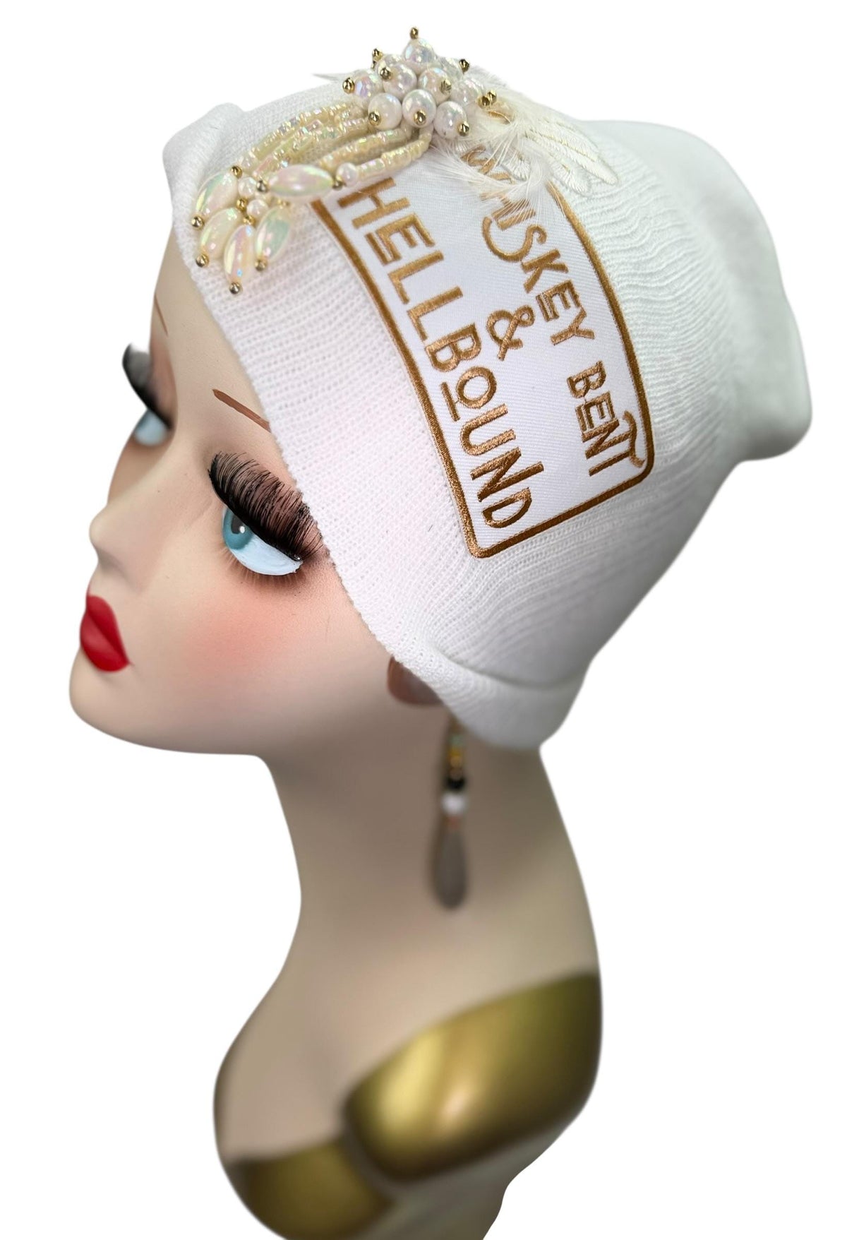 Whiskey Bent & HellBound Statement Patchwork Vintage Jeweled Embellished Fashionable Beanie