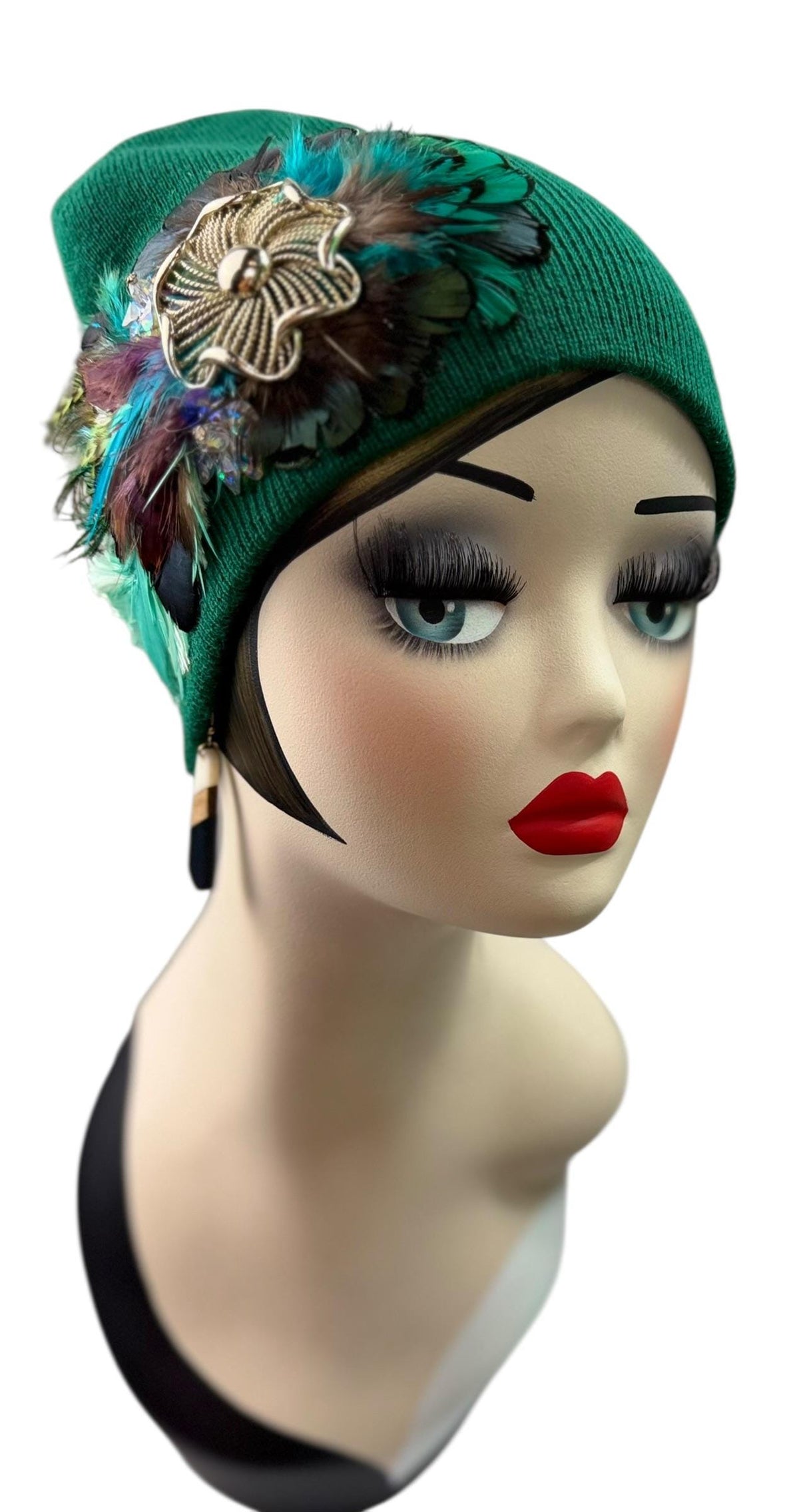 Queen of the Forest - Emerald Green Feather Embellished Vintage Jeweled Short Beanie
