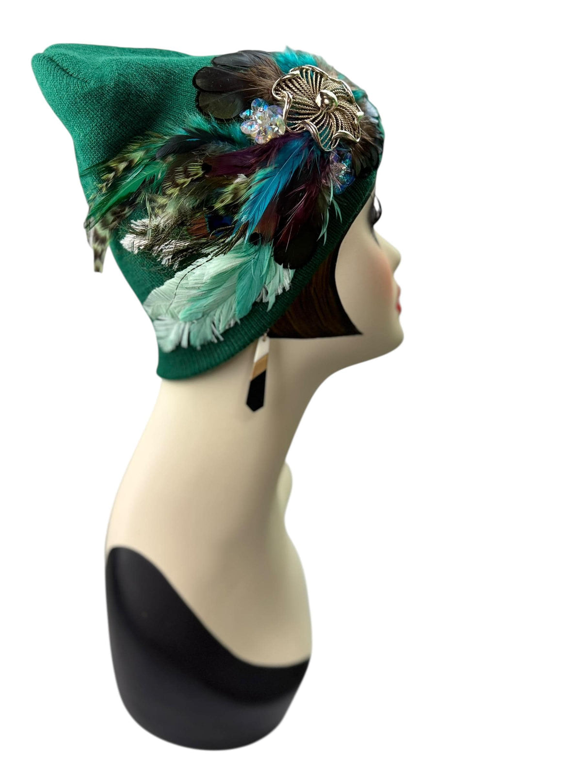 Queen of the Forest - Emerald Green Feather Embellished Vintage Jeweled Short Beanie