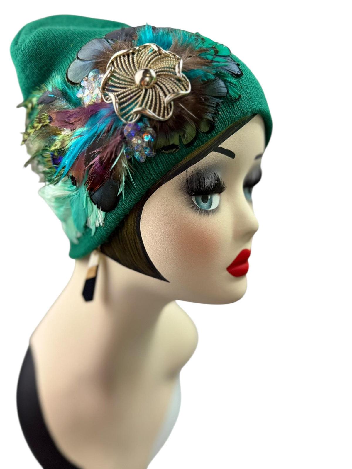 Queen of the Forest - Emerald Green Feather Embellished Vintage Jeweled Short Beanie