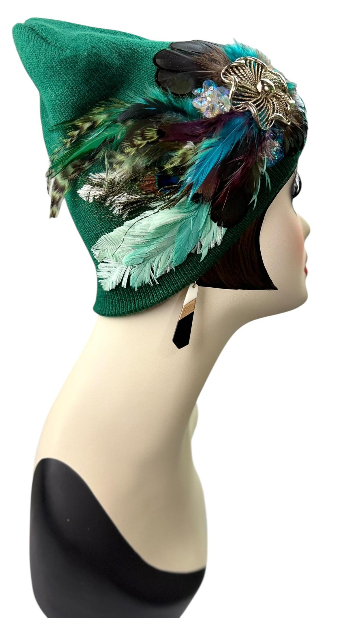Queen of the Forest - Emerald Green Feather Embellished Vintage Jeweled Short Beanie