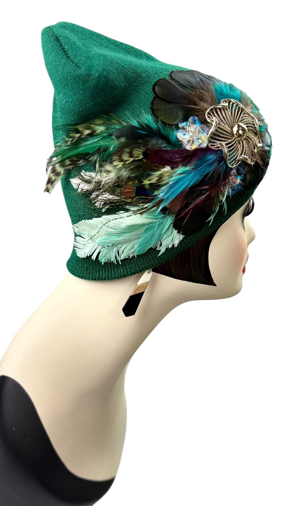 Queen of the Forest - Emerald Green Feather Embellished Vintage Jeweled Short Beanie