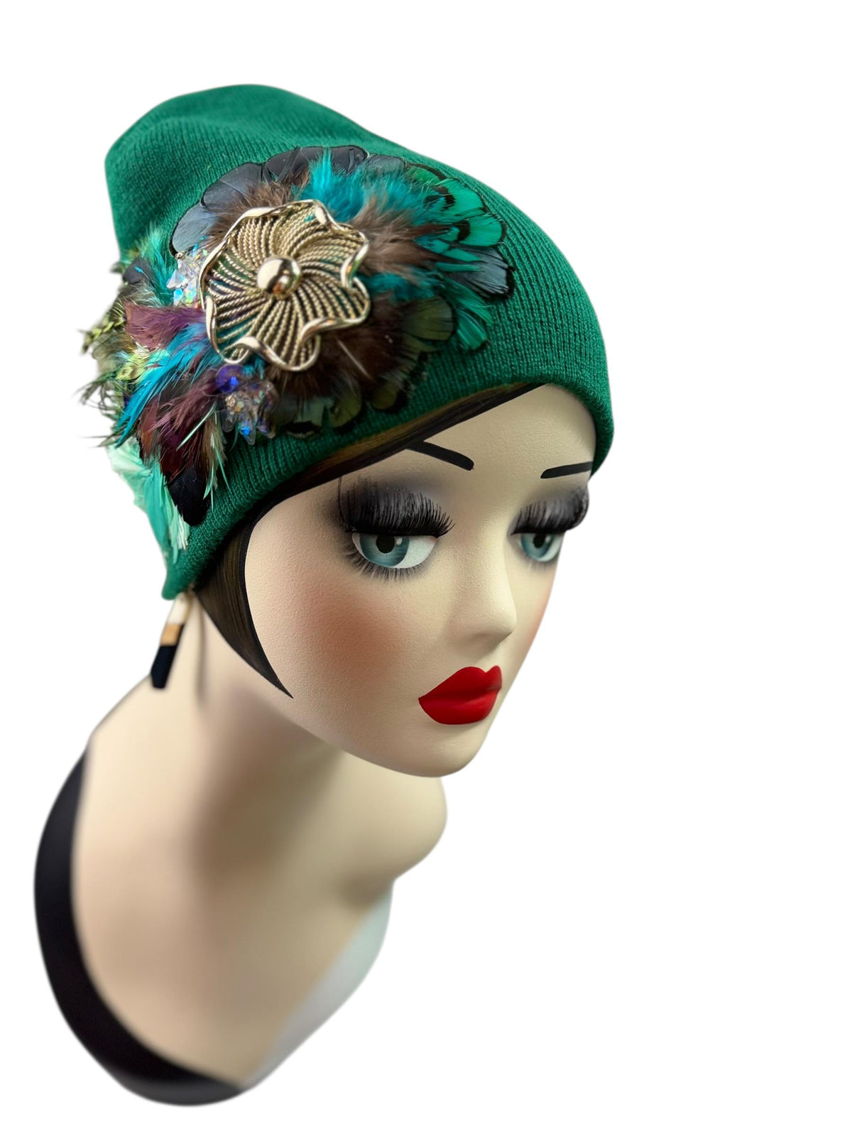 Queen of the Forest - Emerald Green Feather Embellished Vintage Jeweled Short Beanie