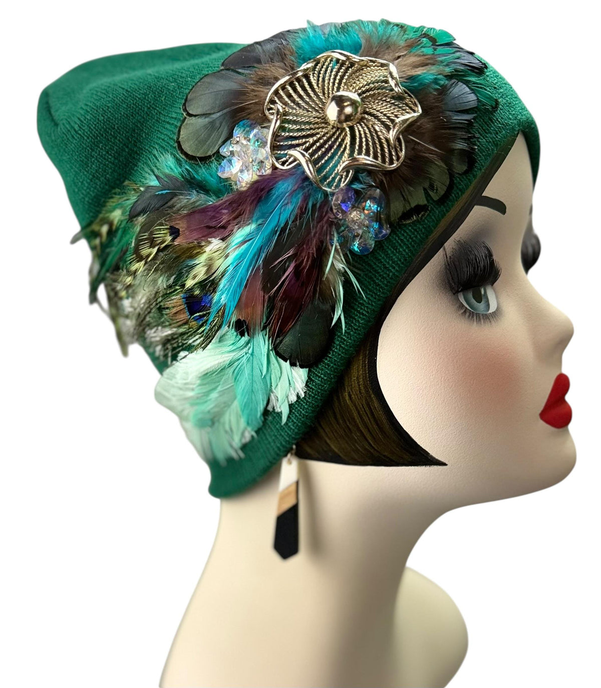 Queen of the Forest - Emerald Green Feather Embellished Vintage Jeweled Short Beanie