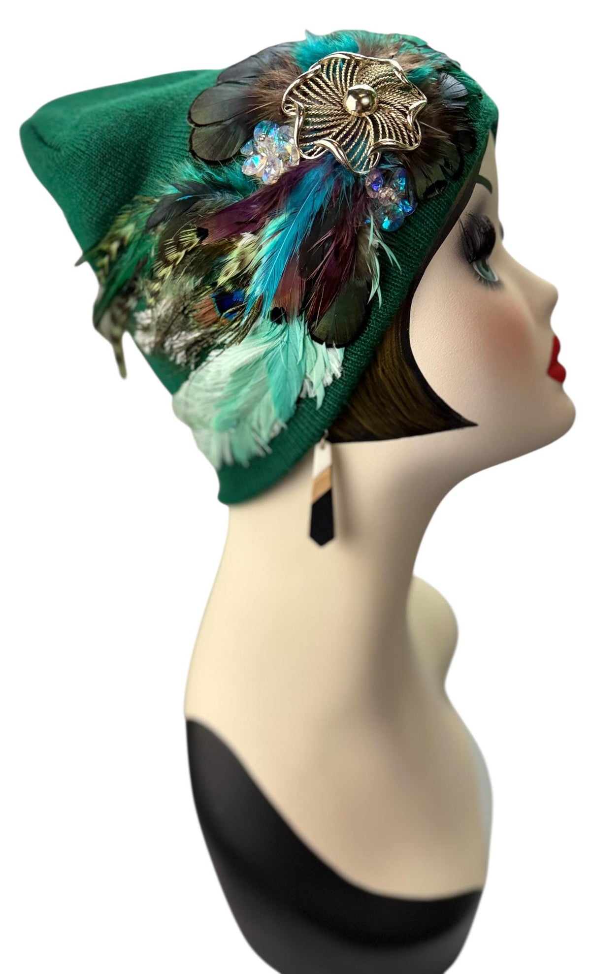 Queen of the Forest - Emerald Green Feather Embellished Vintage Jeweled Short Beanie