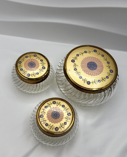 Vintage Glass Vanity Jars Gold Floral Lids Set of 3 Victorian Style Powder Trinket Holders Storage Decor