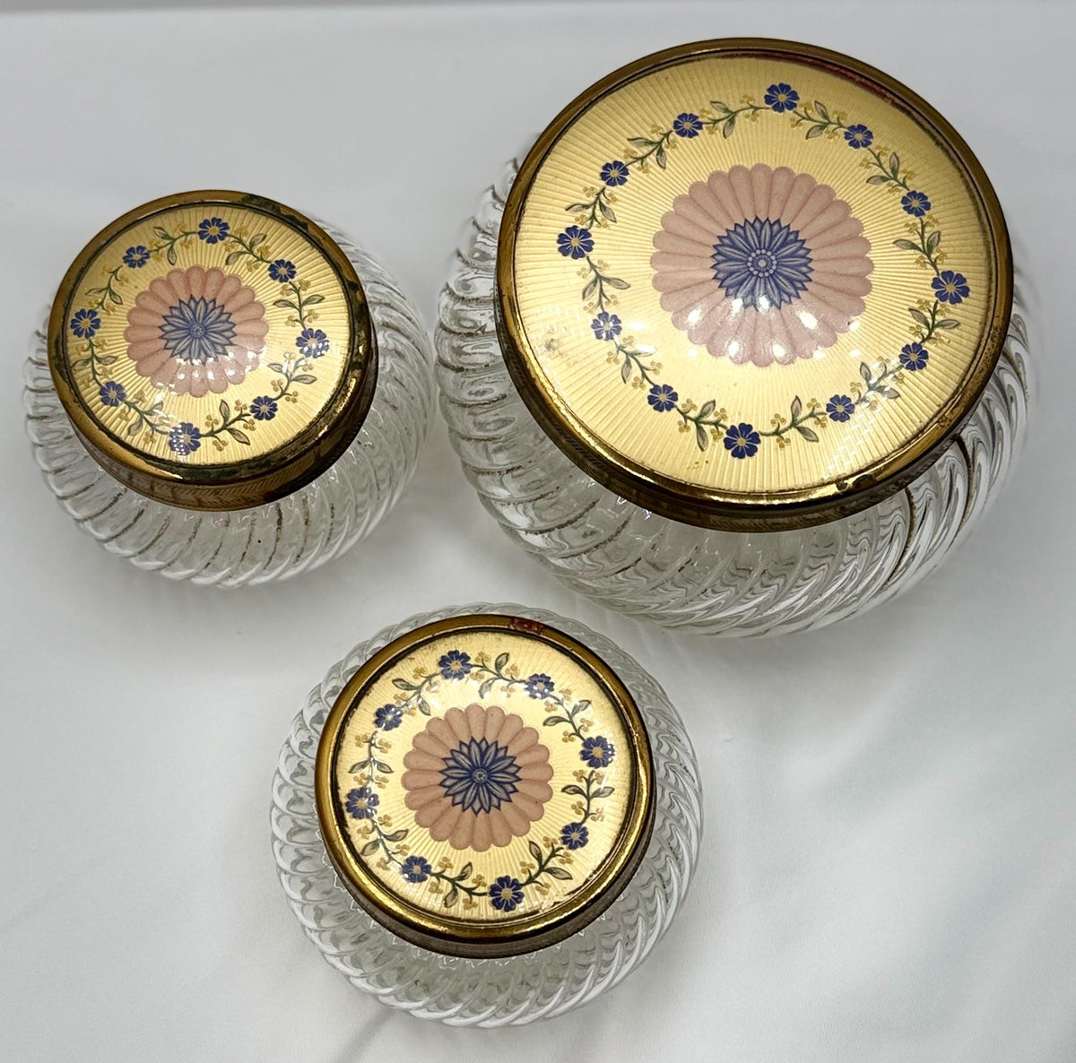 Vintage Glass Vanity Jars Gold Floral Lids Set of 3 Victorian Style Powder Trinket Holders Storage Decor