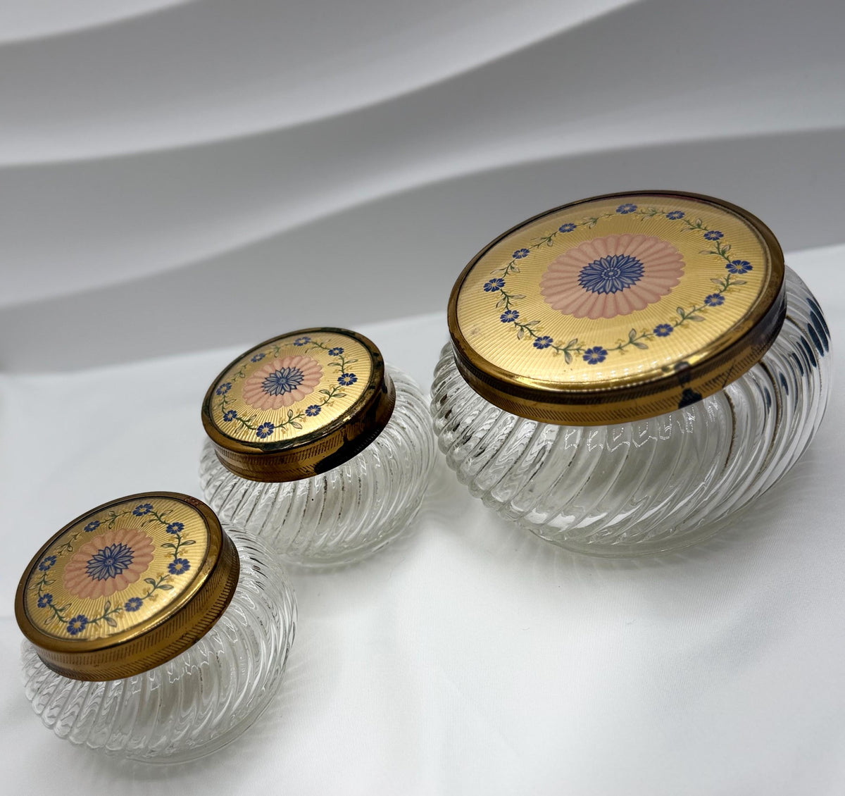 Vintage Glass Vanity Jars Gold Floral Lids Set of 3 Victorian Style Powder Trinket Holders Storage Decor