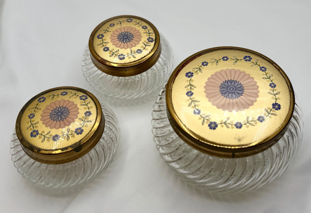 Vintage Glass Vanity Jars Gold Floral Lids Set of 3 Victorian Style Powder Trinket Holders Storage Decor