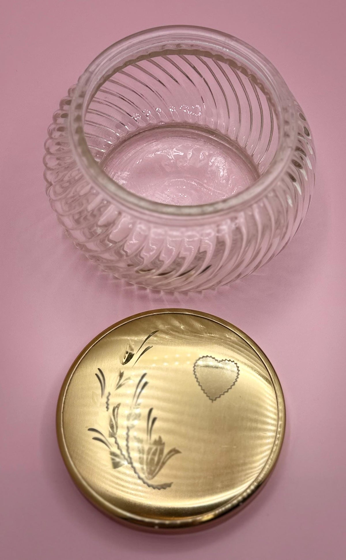 Vintage Ribbed Glass Vanity Jars with Brass Heart Floral Lids - Set of 3 Victorian Powder Containers