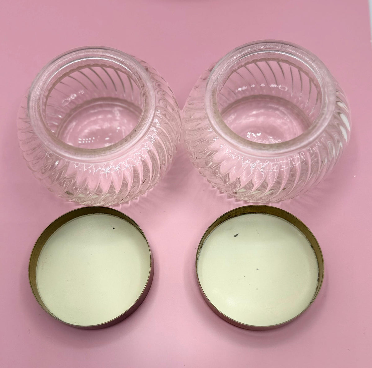 Vintage Ribbed Glass Vanity Jars with Brass Heart Floral Lids - Set of 3 Victorian Powder Containers