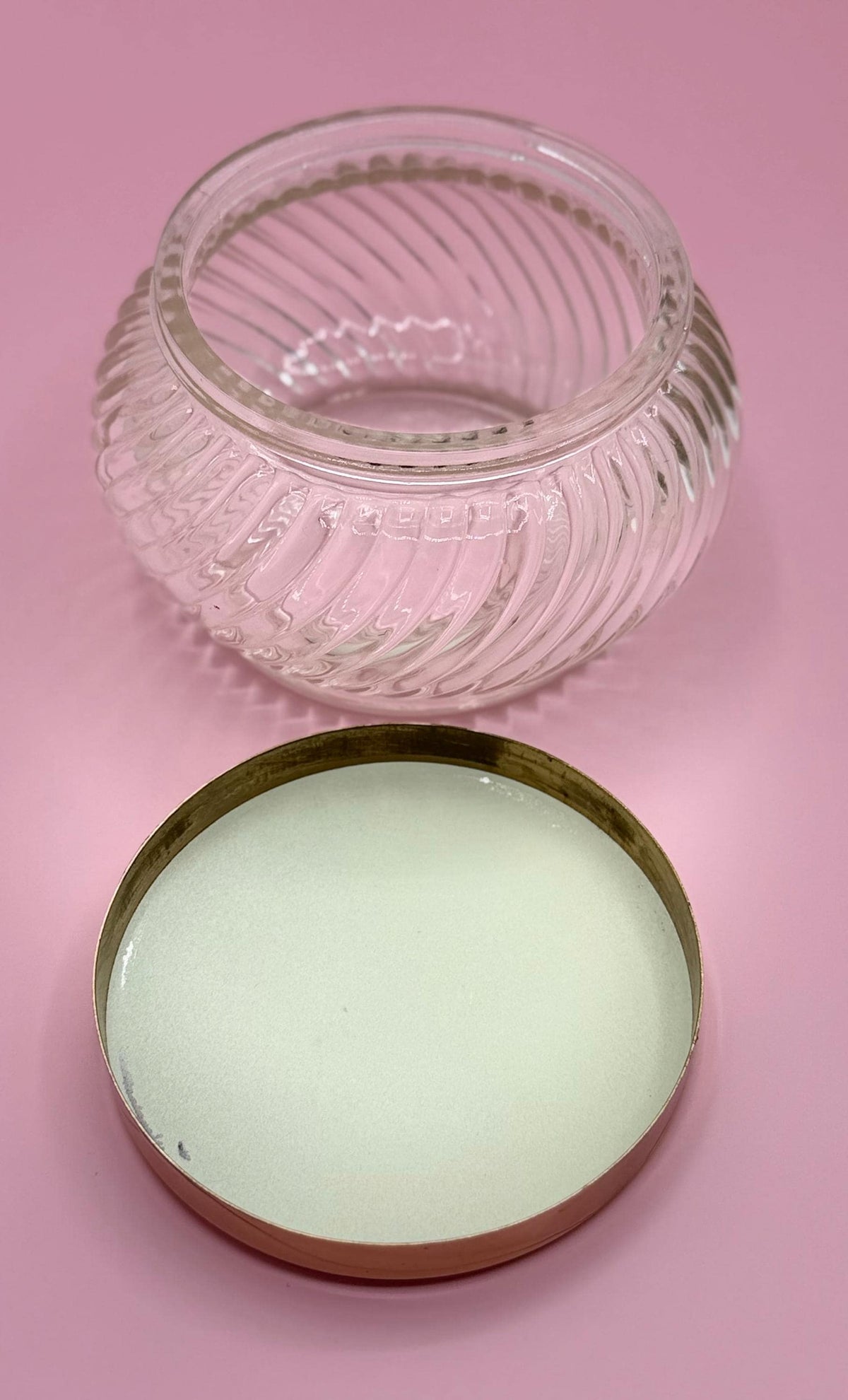 Vintage Ribbed Glass Vanity Jars with Brass Heart Floral Lids - Set of 3 Victorian Powder Containers