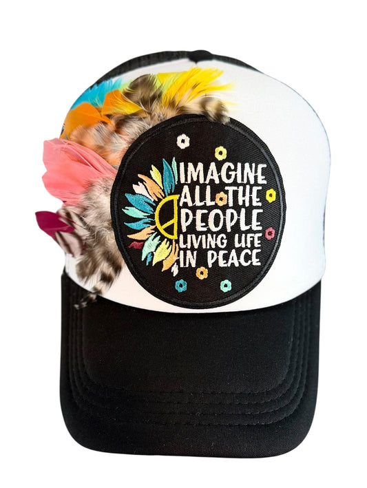 Imagine All The People | Statement Patchwork Adorned Avant-Garde Fashionable Trucker Hat