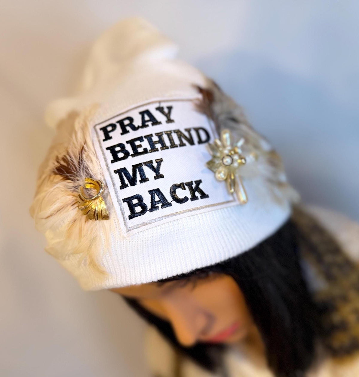 Sending A Message Stylish Statement “Pray Behind My Back” Patchwork Jeweled Fashionable Beanie
