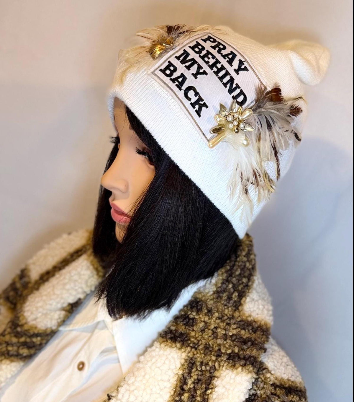 Sending A Message Stylish Statement “Pray Behind My Back” Patchwork Jeweled Fashionable Beanie