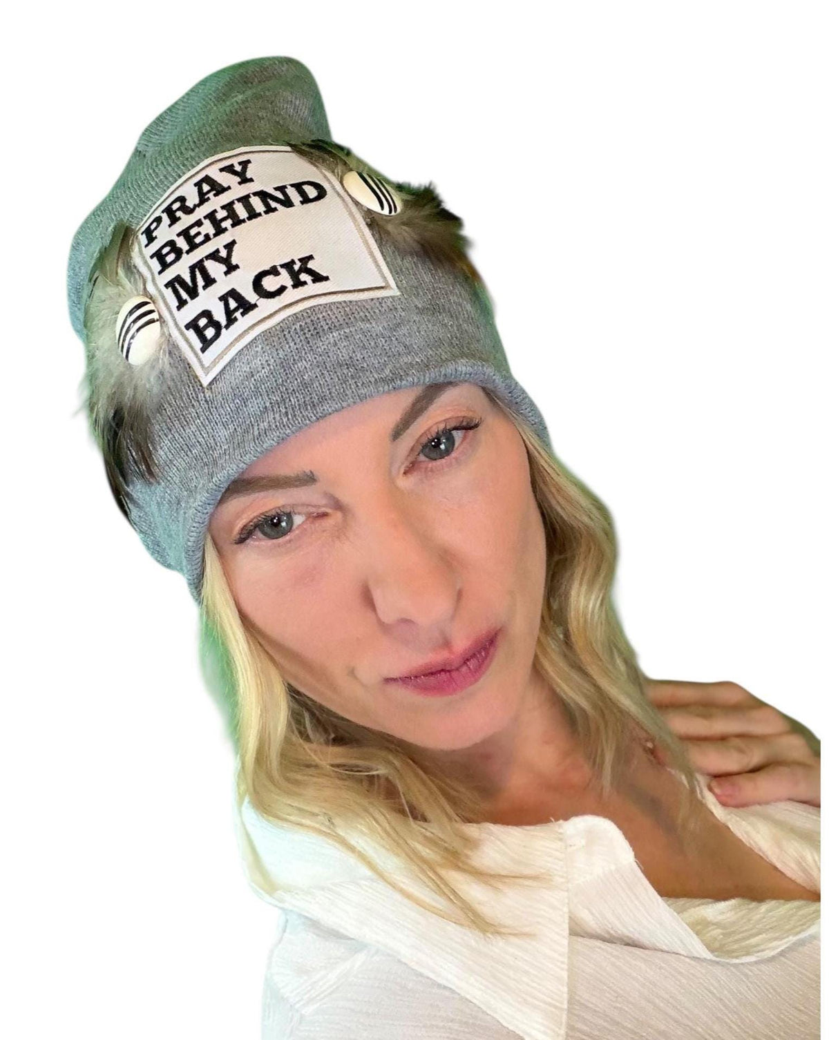 Sending A Message Stylish Statement “Pray Behind My Back” Patchwork Jeweled Fashionable Beanie