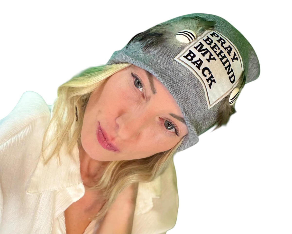Sending A Message Stylish Statement “Pray Behind My Back” Patchwork Jeweled Fashionable Beanie