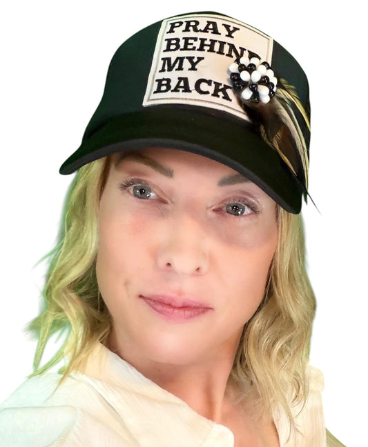 Be Nice “Pray Behind My Back” Patchwork Feathered & Jeweled Trucker Hat