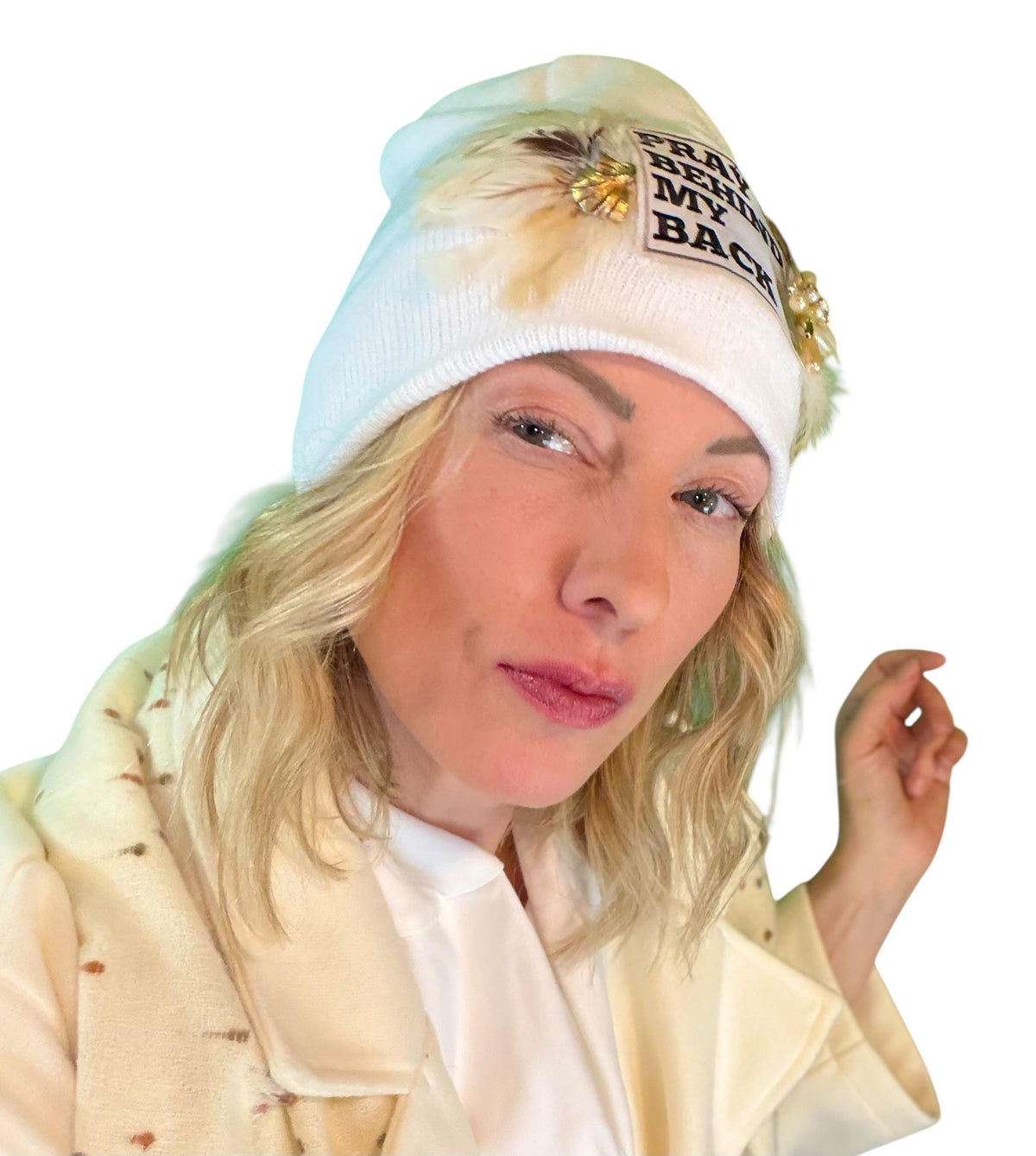 Sending A Message Stylish Statement “Pray Behind My Back” Patchwork Jeweled Fashionable Beanie