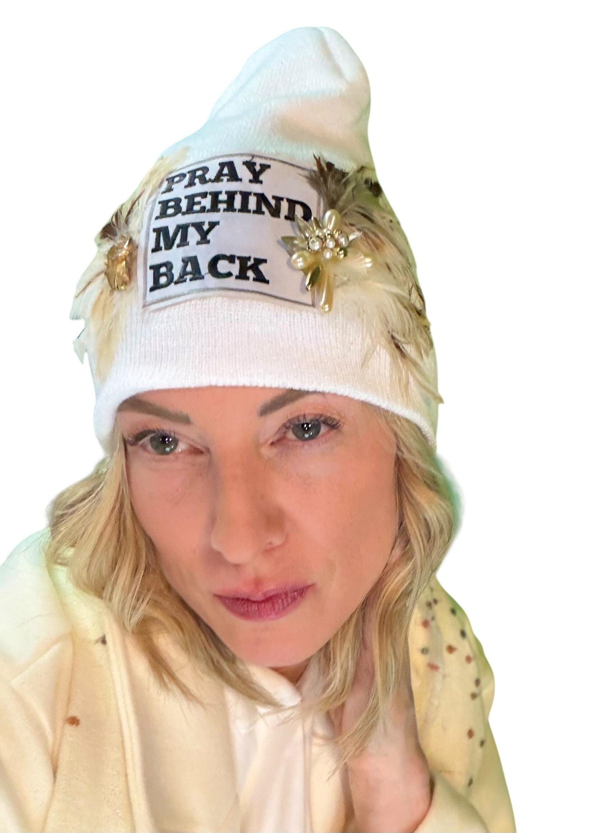 Sending A Message Stylish Statement “Pray Behind My Back” Patchwork Jeweled Fashionable Beanie