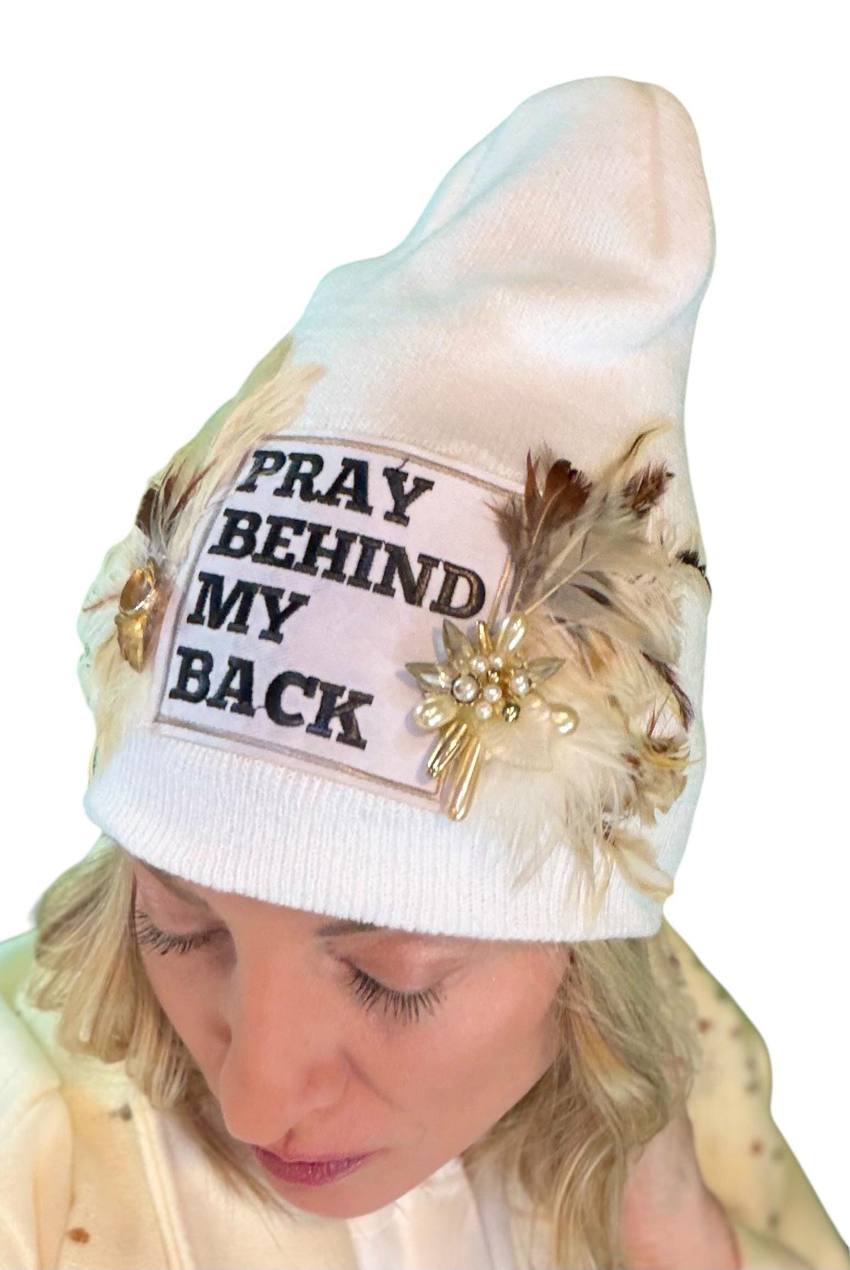 Sending A Message Stylish Statement “Pray Behind My Back” Patchwork Jeweled Fashionable Beanie