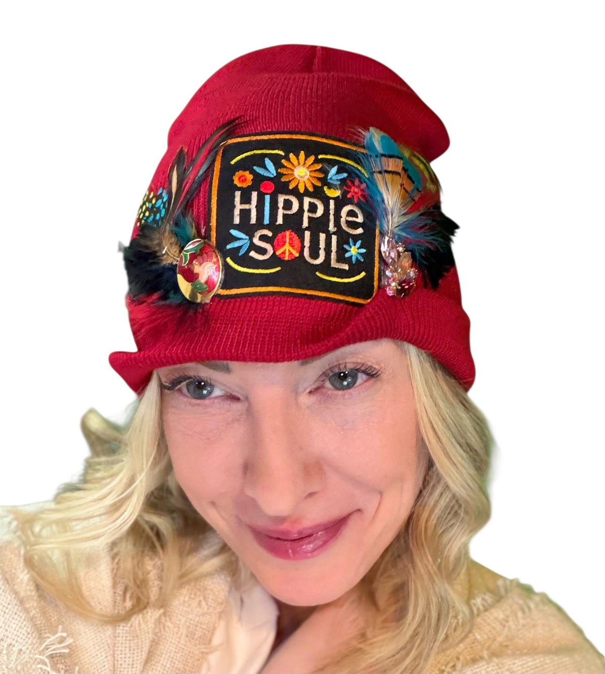 Hippie Soul Patchwork Feather & Vintage Jeweled Embellished Fashionable Trucker Hat