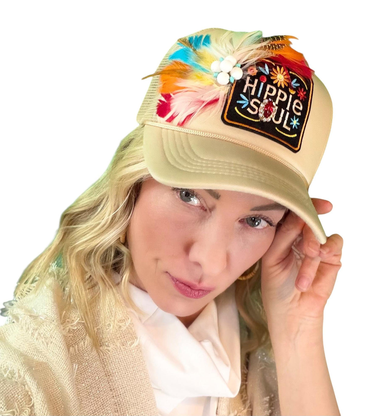 Hippie Soul Patchwork Feather & Vintage Jeweled Embellished Fashionable Trucker Hat