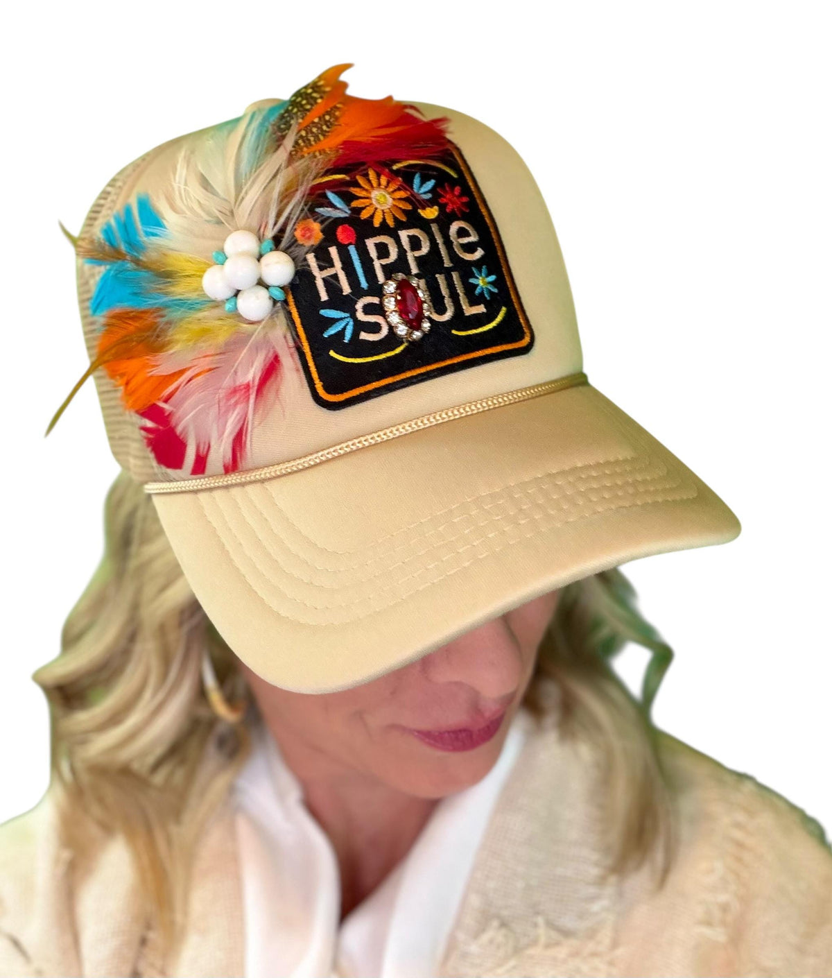 Hippie Soul Patchwork Feather & Vintage Jeweled Embellished Fashionable Trucker Hat