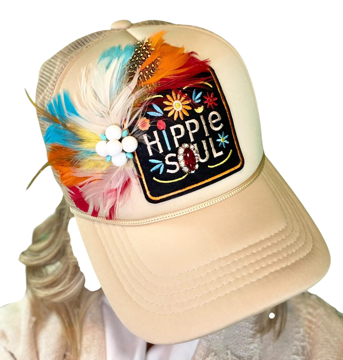 Hippie Soul Patchwork Feather & Vintage Jeweled Embellished Fashionable Trucker Hat