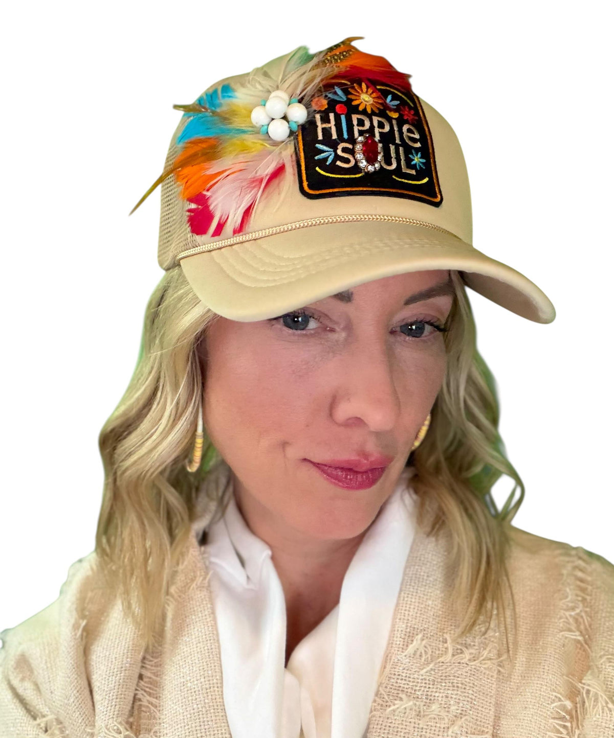 Hippie Soul Patchwork Feather & Vintage Jeweled Embellished Fashionable Trucker Hat