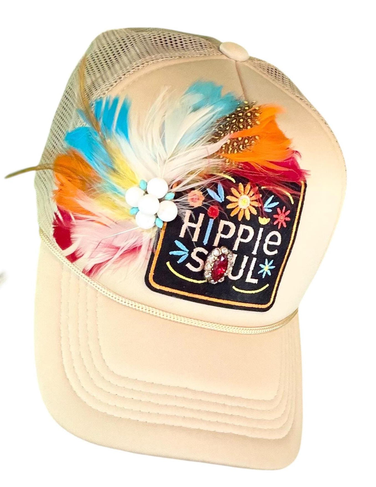 Hippie Soul Patchwork Feather & Vintage Jeweled Embellished Fashionable Trucker Hat