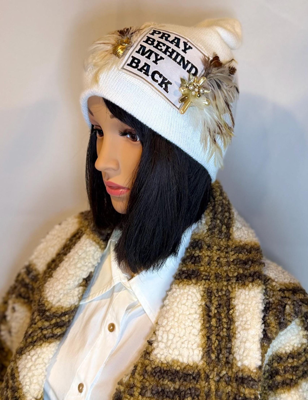Sending A Message Stylish Statement “Pray Behind My Back” Patchwork Jeweled Fashionable Beanie