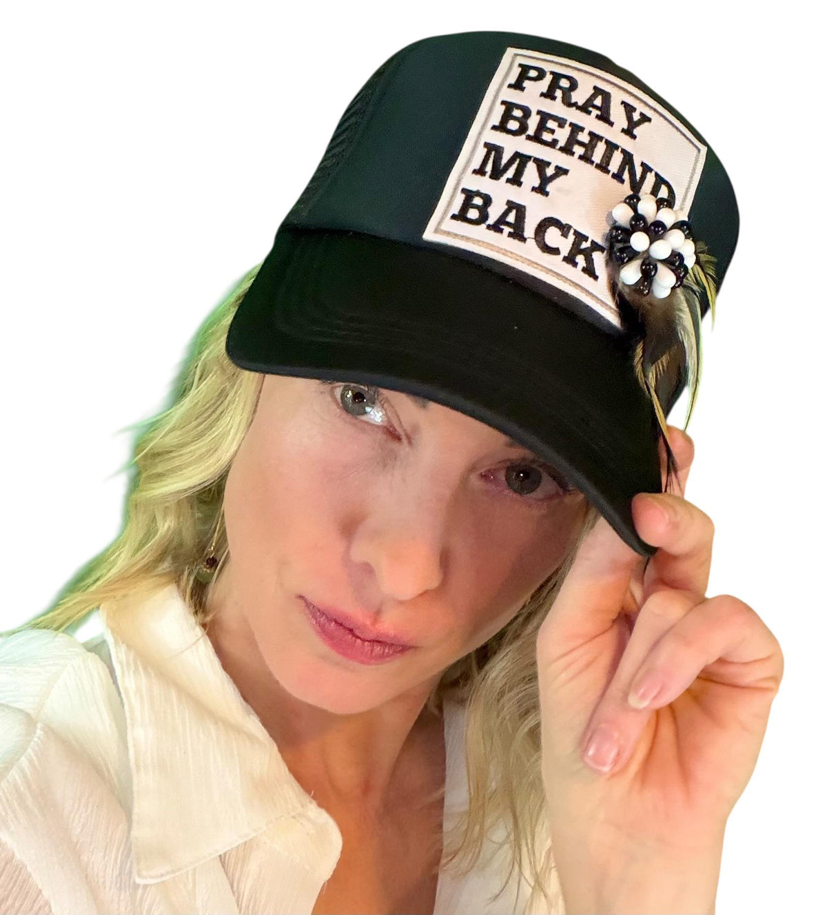 Be Nice “Pray Behind My Back” Patchwork Feathered & Jeweled Trucker Hat