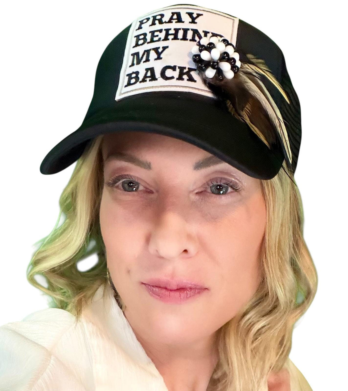 Be Nice “Pray Behind My Back” Patchwork Feathered & Jeweled Trucker Hat