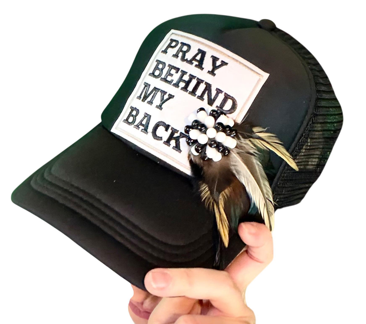 Be Nice “Pray Behind My Back” Patchwork Feathered & Jeweled Trucker Hat