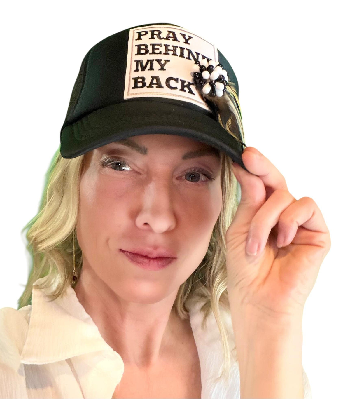 Be Nice “Pray Behind My Back” Patchwork Feathered & Jeweled Trucker Hat