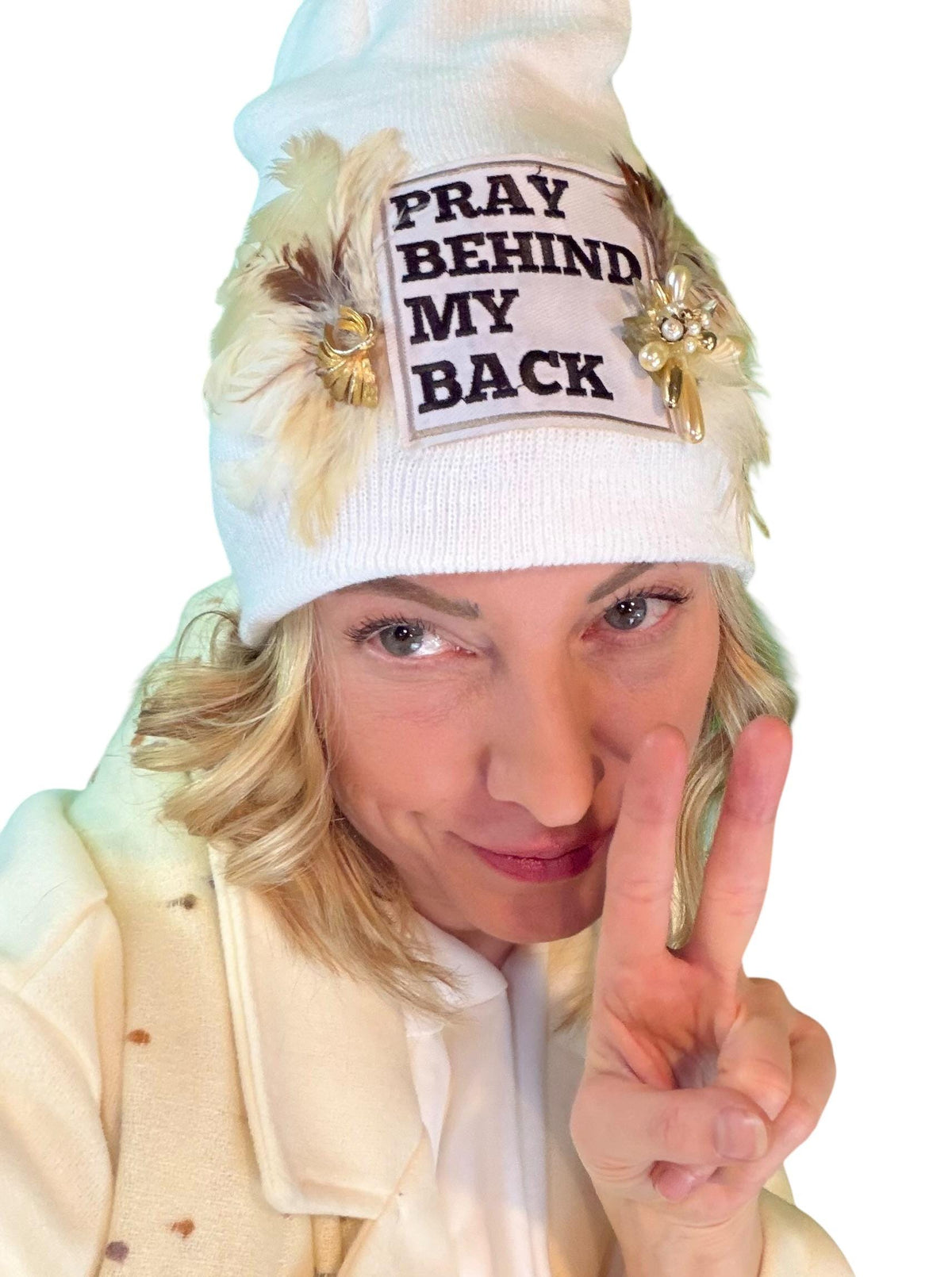 Sending A Message Stylish Statement “Pray Behind My Back” Patchwork Jeweled Fashionable Beanie