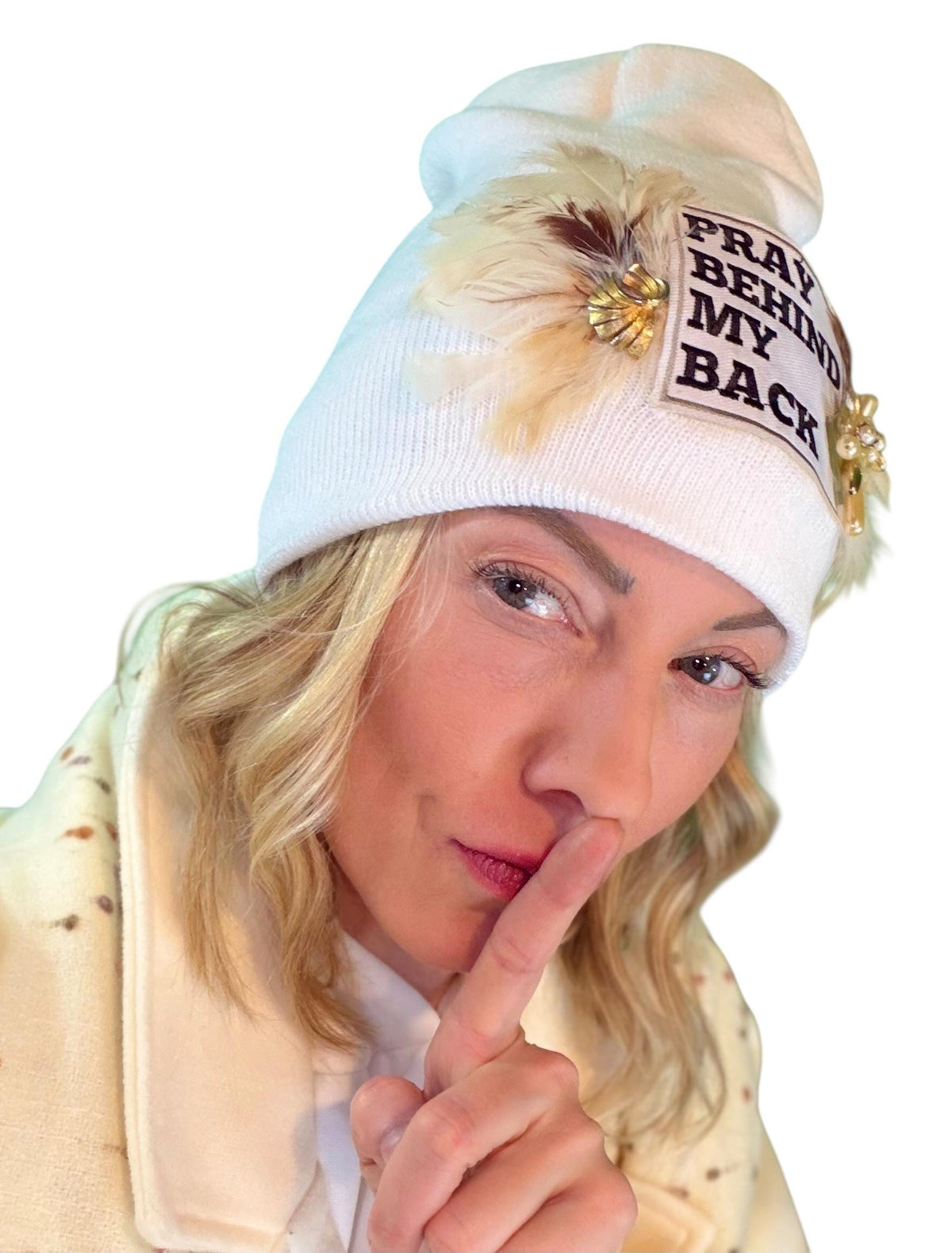 Sending A Message Stylish Statement “Pray Behind My Back” Patchwork Jeweled Fashionable Beanie
