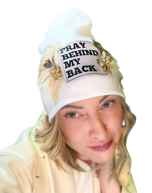 Sending A Message Stylish Statement “Pray Behind My Back” Patchwork Jeweled Fashionable Beanie