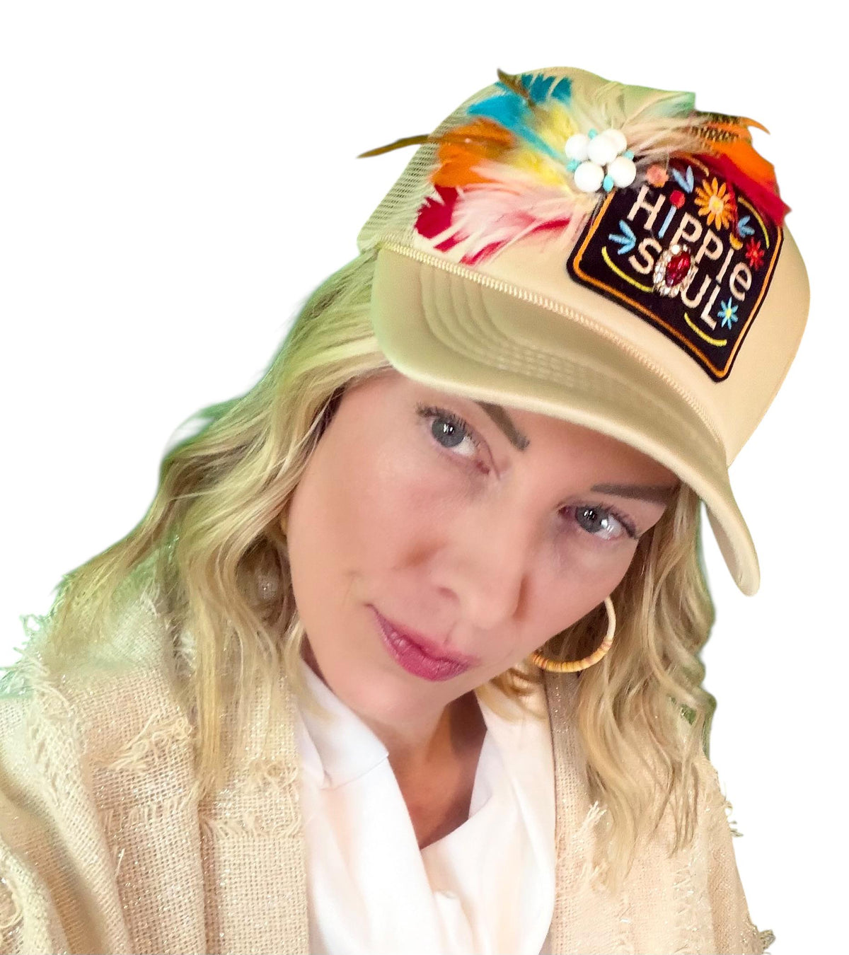 Hippie Soul Patchwork Feather & Vintage Jeweled Embellished Fashionable Trucker Hat