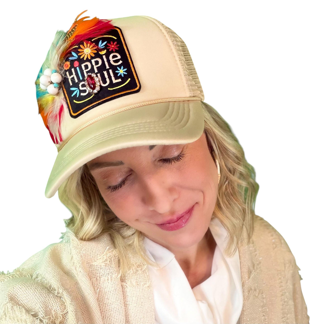 Hippie Soul Patchwork Feather & Vintage Jeweled Embellished Fashionable Trucker Hat