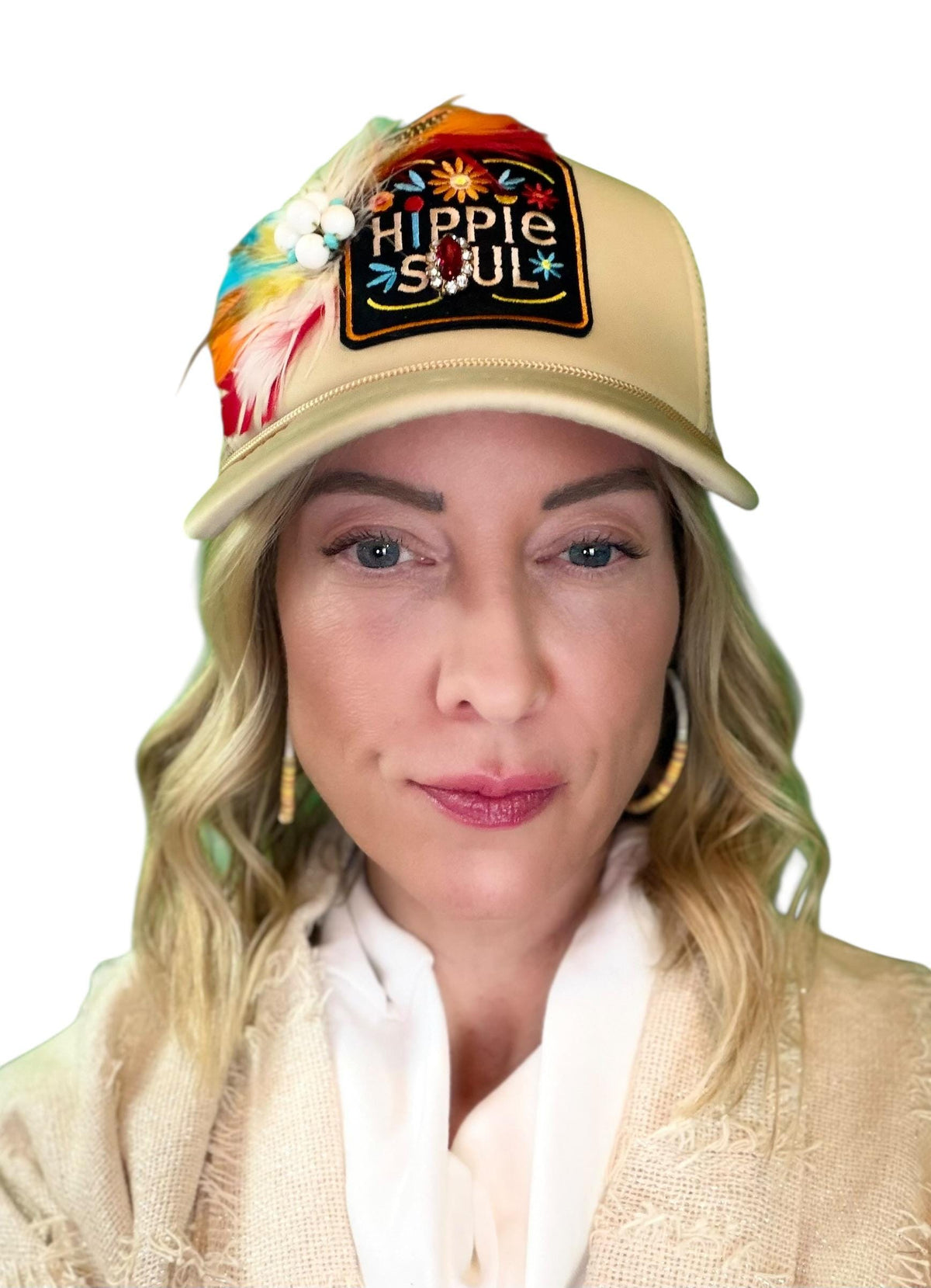 Hippie Soul Patchwork Feather & Vintage Jeweled Embellished Fashionable Trucker Hat