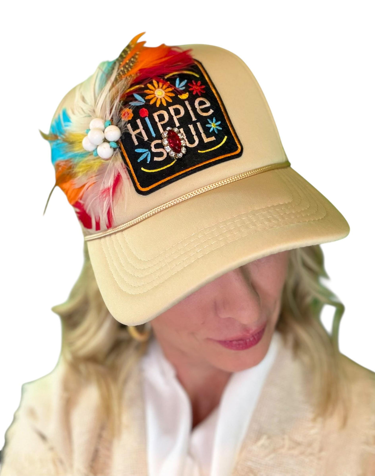 Hippie Soul Patchwork Feather & Vintage Jeweled Embellished Fashionable Trucker Hat