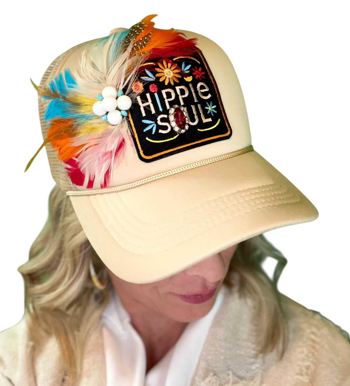 Hippie Soul Patchwork Feather & Vintage Jeweled Embellished Fashionable Trucker Hat