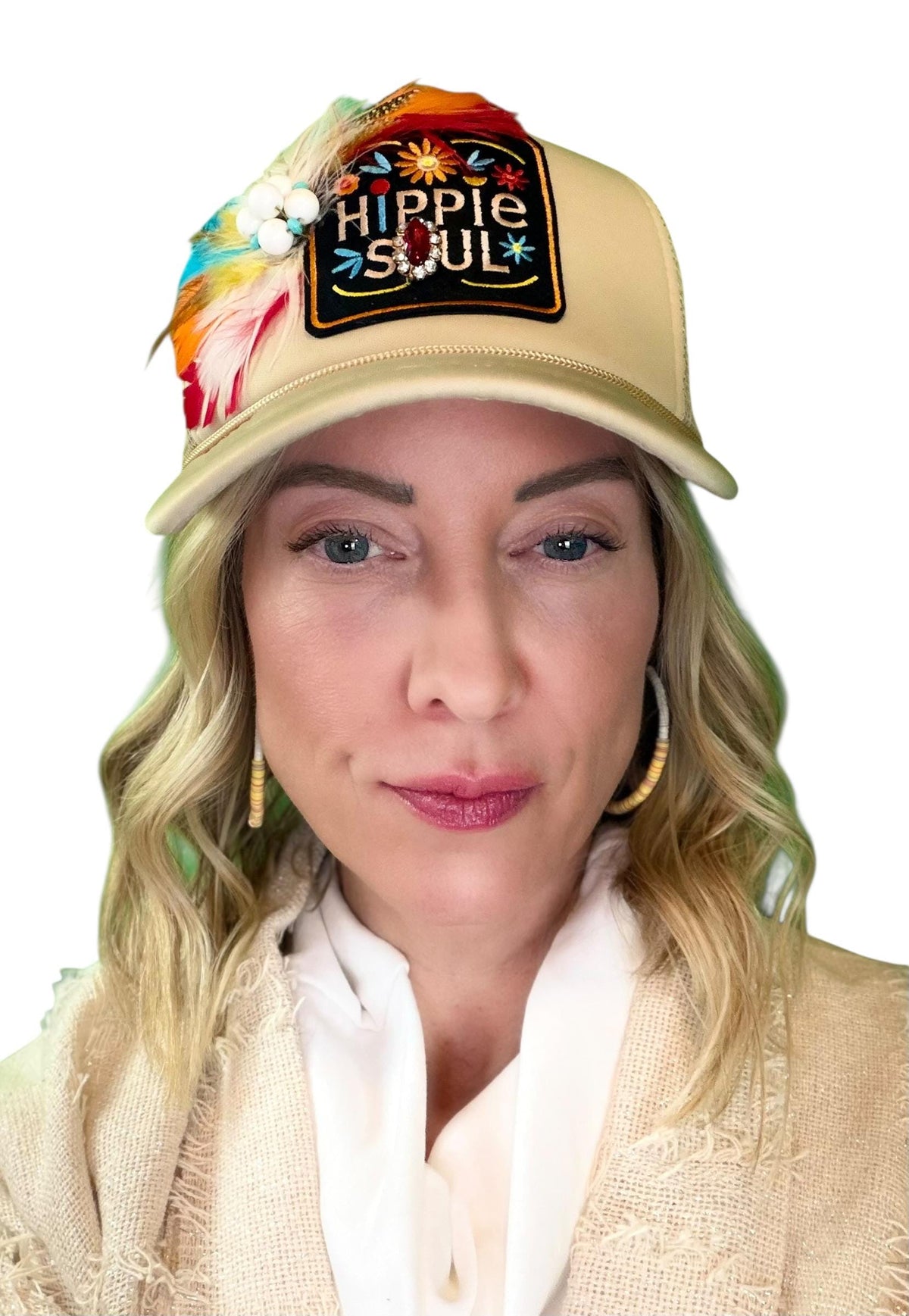 Hippie Soul Patchwork Feather & Vintage Jeweled Embellished Fashionable Trucker Hat