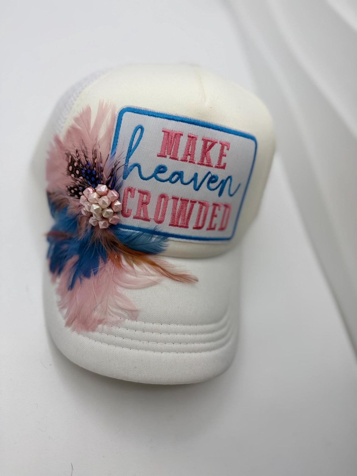Make Heaven Crowded Statement Patchwork Feathered & Jeweled Avant-Garde Fashionable Trucker Hat