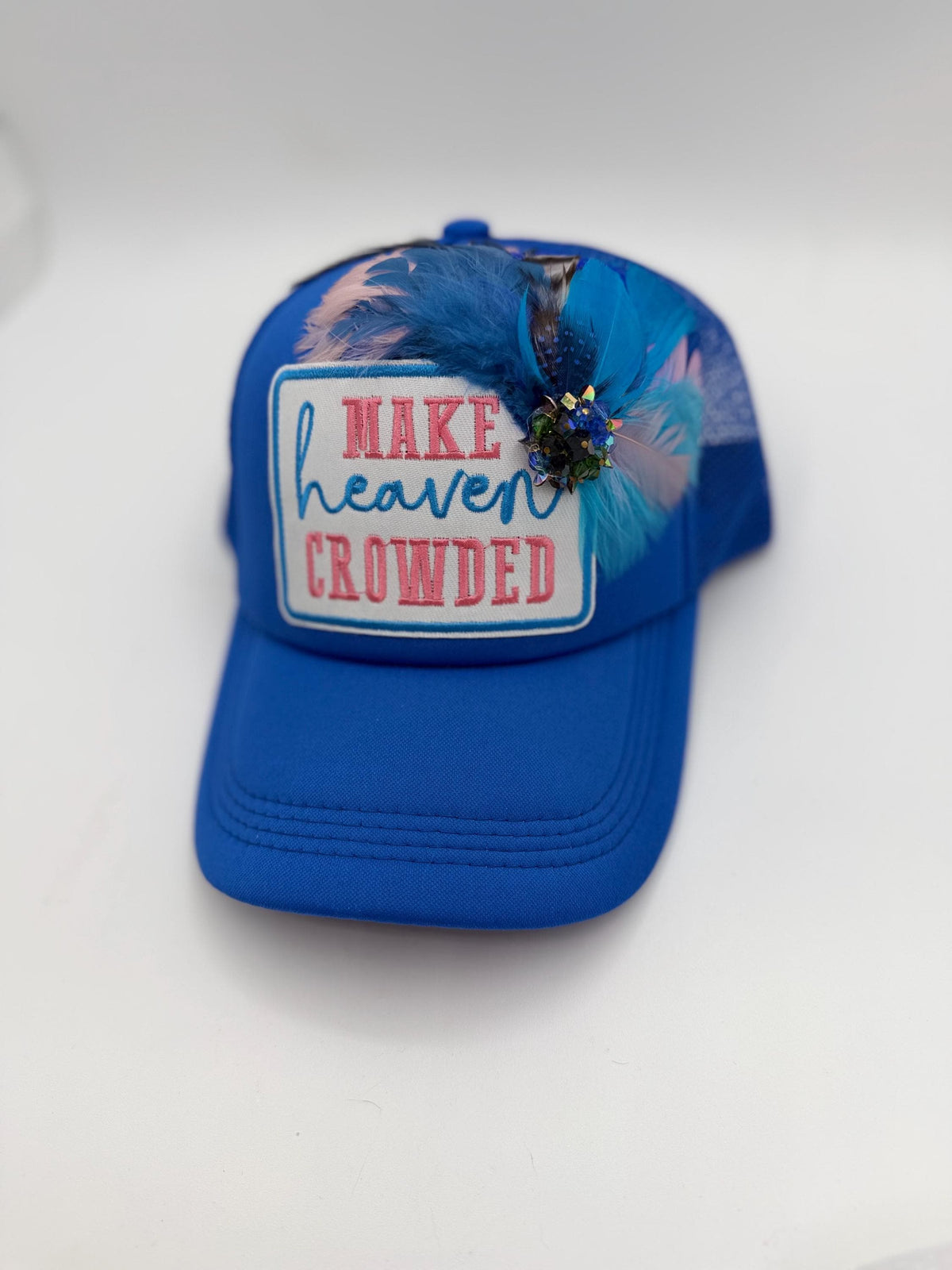 Make Heaven Crowded Statement Patchwork Feathered & Jeweled Avant-Garde Fashionable Trucker Hat
