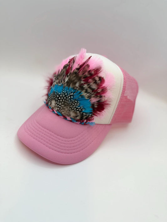Handmade Feather Trucker Hat with Jeweled Accents, Statement Cap, Adjustable Mesh Hat