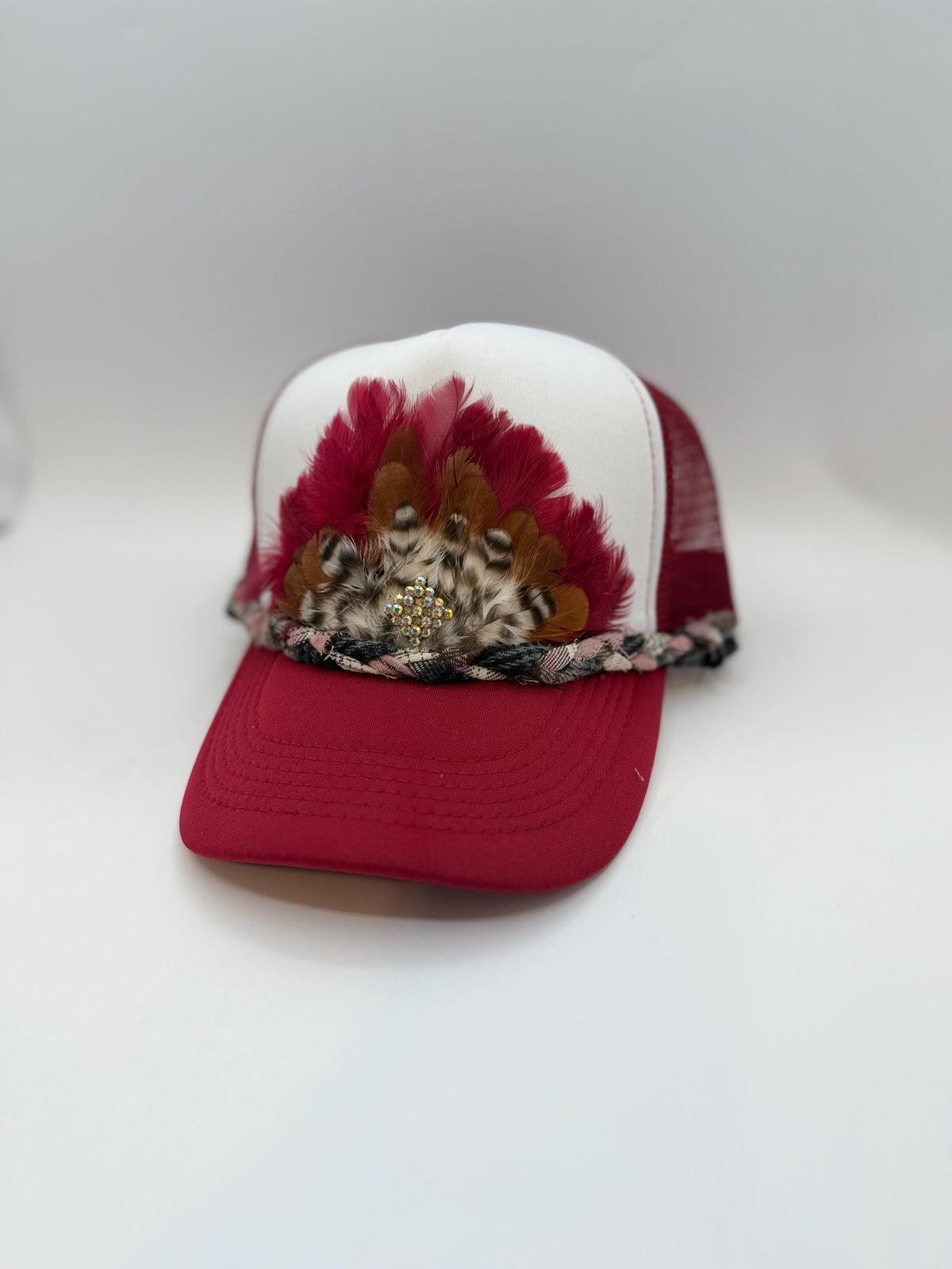 Handmade Feather Trucker Hat with Jeweled Accents, Statement Cap, Adjustable Mesh Hat
